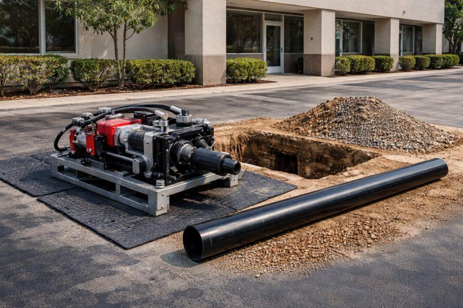 This image shows commercial sewer line replacement in Sherman Oaks, CA performed by ServiStar Plumbing & HVAC, located at 13351 Riverside Dr Suite #414, Sherman Oaks, CA 91423, phone (818) 855-1269. The scene displays a heavy-duty hydraulic pipe bursting machine positioned on protective ground mats beside a commercial excavation site. A large black HDPE sewer pipe section rests next to an open trench with neatly piled soil and gravel. The background includes a low-rise commercial building, concrete parking surface, and trimmed landscaping, clearly representing commercial sewer line replacement services in Sherman Oaks for business properties and multi-unit facilities.