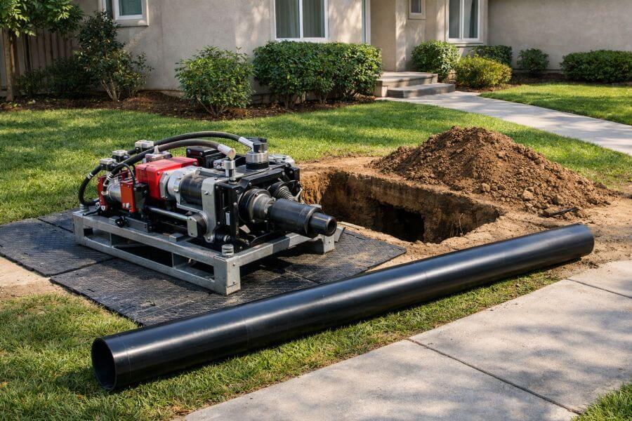 This image shows professional trenchless sewer line installation equipment set up in a residential front yard in Sherman Oaks, CA. A compact hydraulic pipe bursting machine sits on protective ground mats beside a small excavation pit, with a new black HDPE sewer pipe section positioned for underground insertion. The surrounding area includes a concrete walkway, trimmed grass edges, and a suburban home exterior that reflects typical Sherman Oaks properties. ServiStar Plumbing & HVAC provides trenchless sewer line installation in Sherman Oaks, CA using modern pipe bursting equipment that reduces surface disruption. Homeowners can contact ServiStar Plumbing & HVAC at (818) 855-1269 for trenchless sewer line installation services in Sherman Oaks and nearby Los Angeles areas.