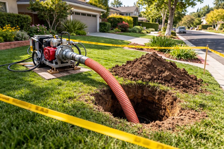 This image shows trenchless sewer line replacement equipment set up in a residential yard in Sherman Oaks, California. ServiStar Plumbing & HVAC™, located in Sherman Oaks, CA, provides trenchless sewer line replacement services using pipe bursting technology and modern underground replacement methods. The photo displays a circular excavation hole in green grass with a slightly enlarged pile of soil placed neatly beside the opening, and a corrugated hose connected to a pipe bursting machine feeding into the sewer line below ground. Yellow safety tape surrounds the work area to indicate an active trenchless sewer line replacement project while the lawn and landscaping remain largely intact. Homeowners in Sherman Oaks can contact ServiStar Plumbing & HVAC™ at (818) 855-1269 for trenchless sewer line replacement that limits surface damage and protects property.
