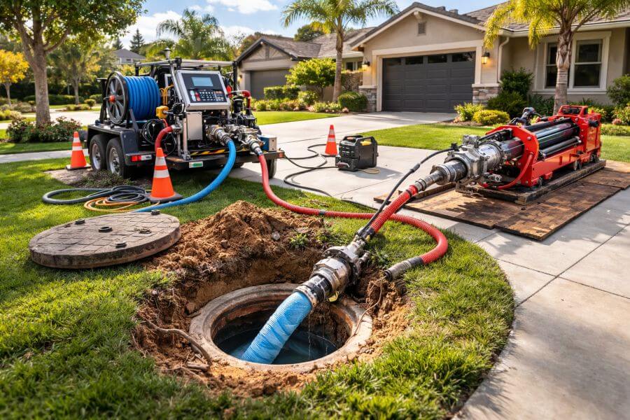 This image shows trenchless sewer repair equipment set up at a residential property in Sherman Oaks, California. ServiStar Plumbing & HVAC™ provides trenchless sewer repair in Sherman Oaks using pipe lining and pipe bursting methods that reduce yard damage. The photo displays a small access point in the lawn with epoxy lining hoses connected to professional sewer repair machinery. Homeowners can contact ServiStar Plumbing & HVAC™ at (818) 855-1269 for trenchless sewer repair, sewer line replacement, and sewer inspection services in Sherman Oaks. The equipment placement demonstrates minimal excavation and modern sewer line restoration technology designed to protect landscaping and hardscape areas.