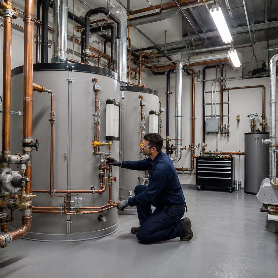 Commercial water heater technician servicing large boiler equipment in Encino CA mechanical room with copper pipes and pressure gauges.
