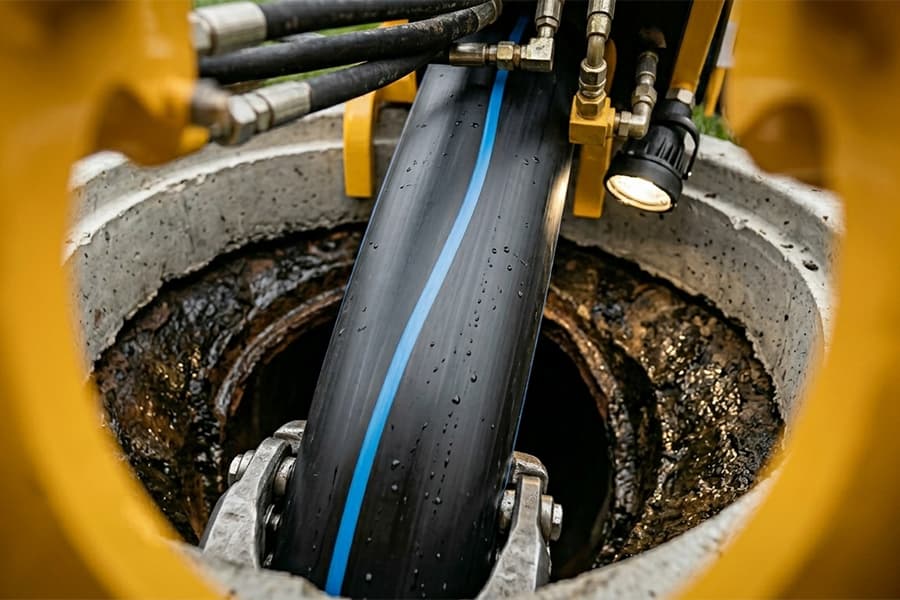 Close-up of a new black HDPE sewer pipe with a blue stripe being pulled into a concrete manhole during a trenchless line replacement.