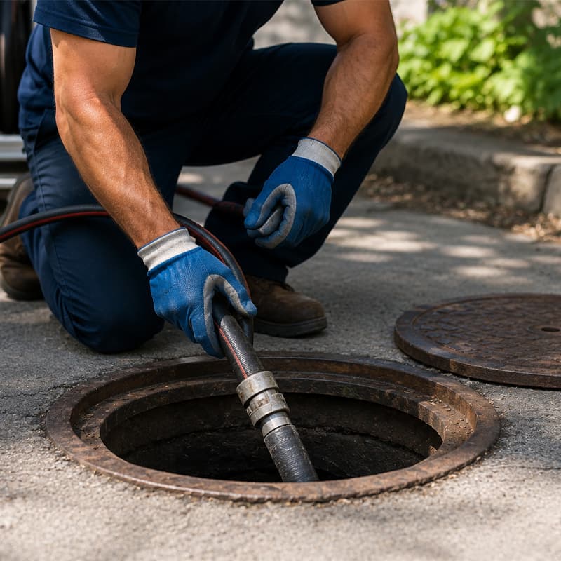 Professional sewer line service technician performing sewer drain inspection and cleaning in Encino, CA