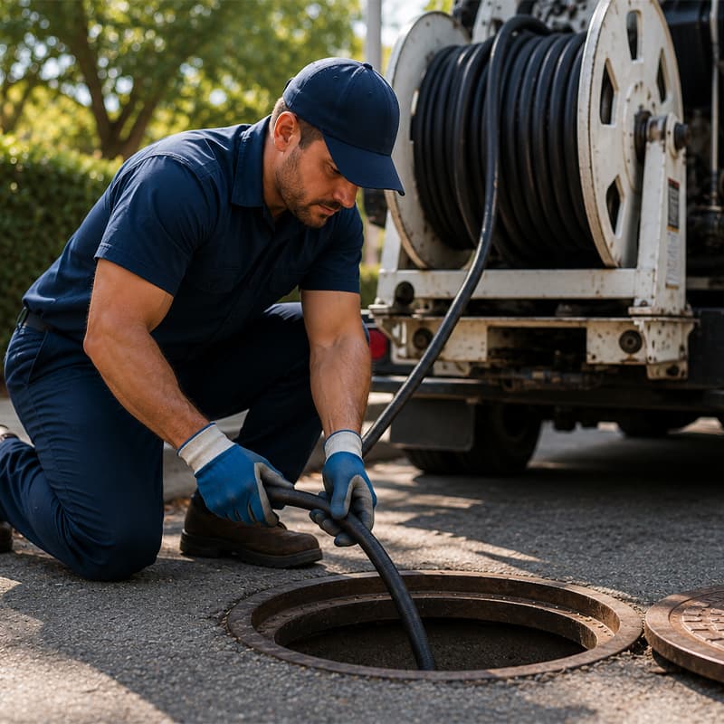 Technician performing professional sewer line cleaning and inspection service in Encino, CA