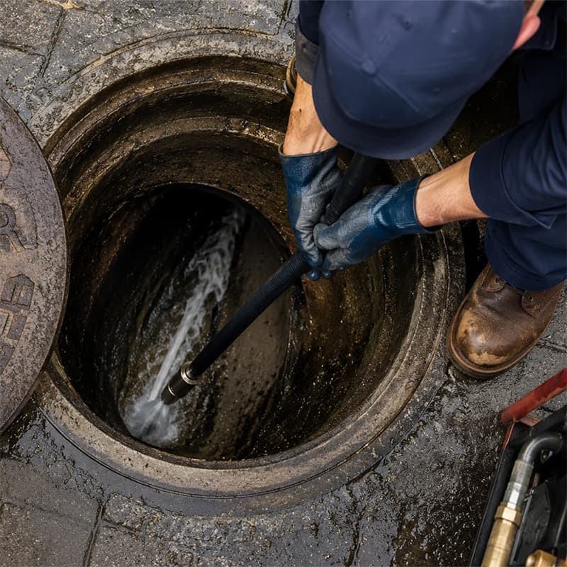 Technician using a high-pressure water jet to clean and inspect a sewer line through an open manhole as part of sewer line services.
