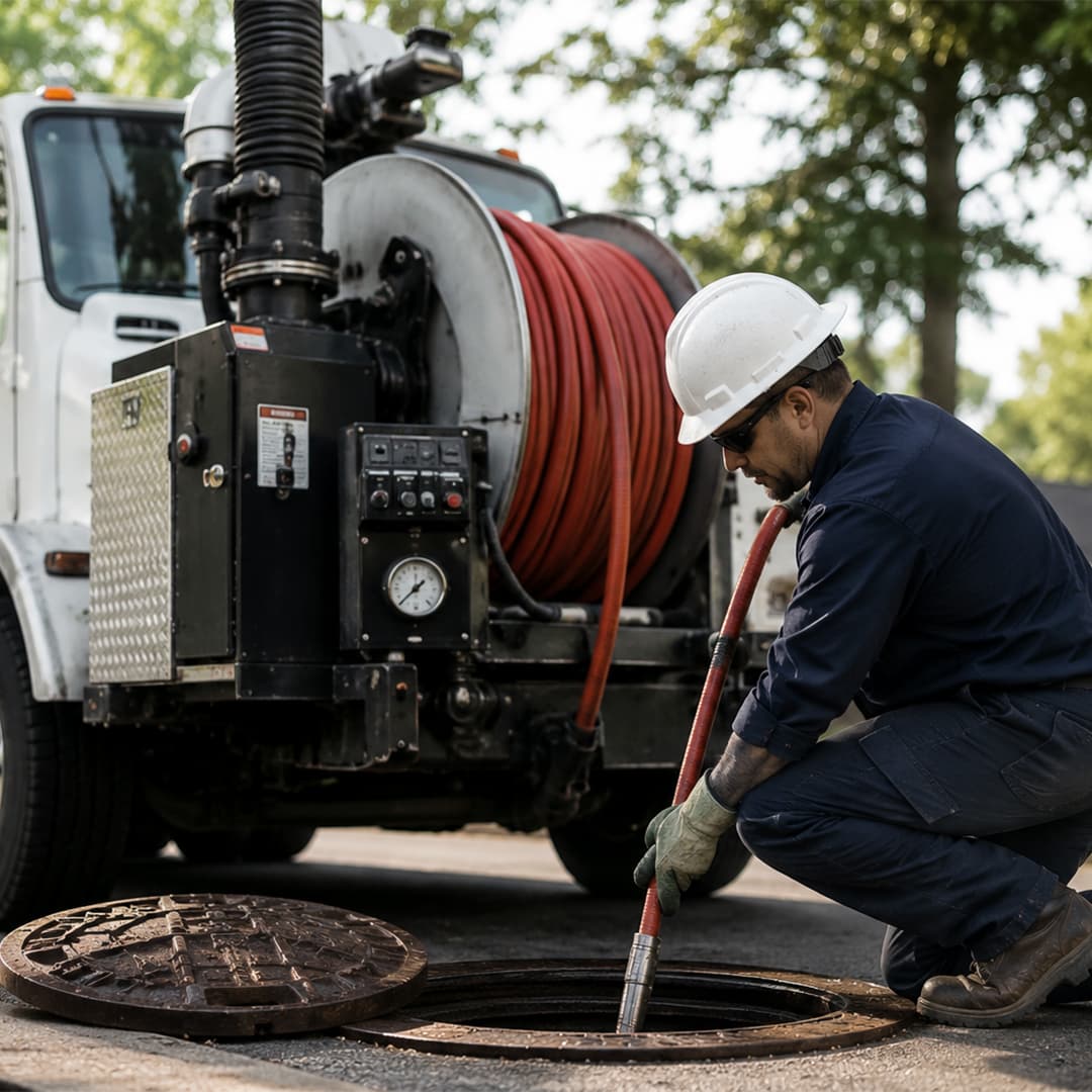 Professional sewer line service technician inspecting and cleaning a residential sewer system with industrial hydro jetting equipment in Sherman Oaks, California.