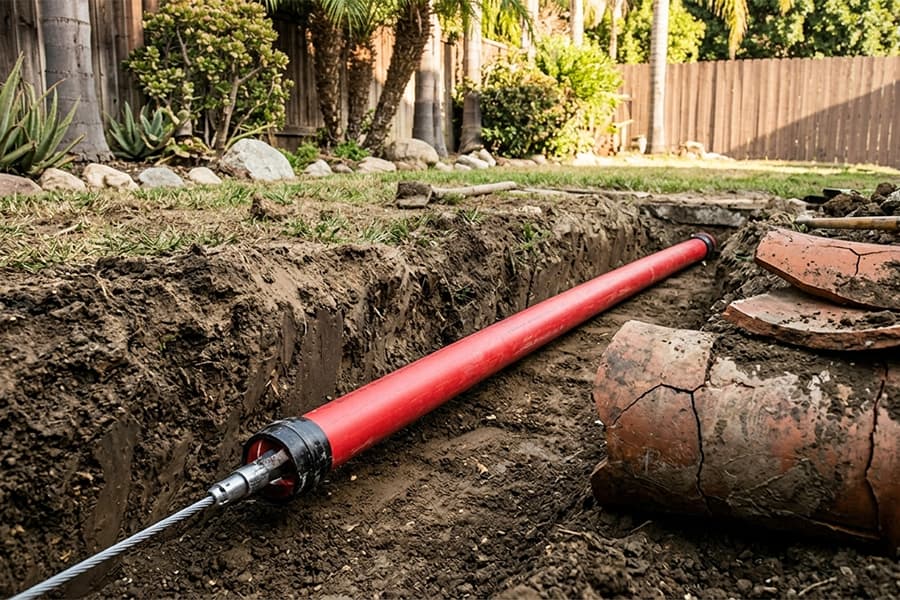 Continuous red trenchless sewer pipe liner being pulled underground during a pipe bursting replacement project.