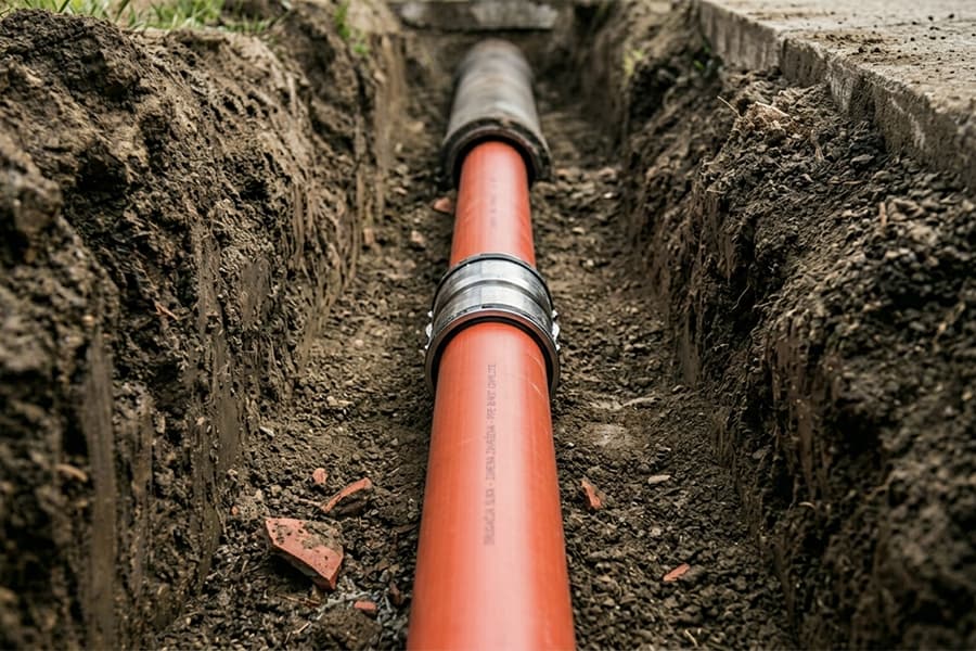 Close-up of a trenchless sewer line replacement process in a backyard in Encino, CA, showing a new orange HDPE pipe being pulled through an old underground sewer line.