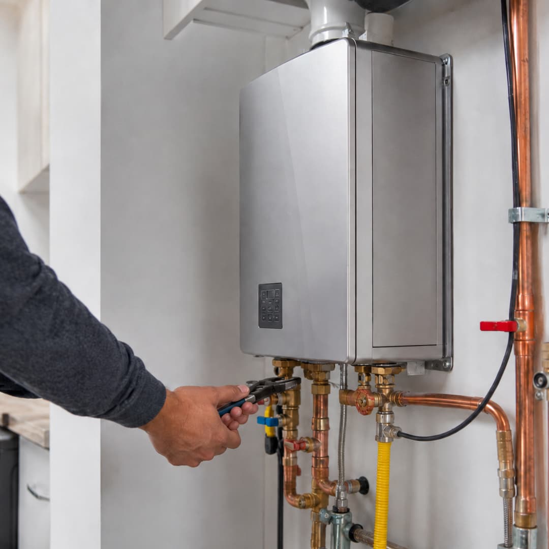 Technician servicing a tankless water heater in Sherman Oaks with focus on copper pipes, valves, and plumbing connections.
