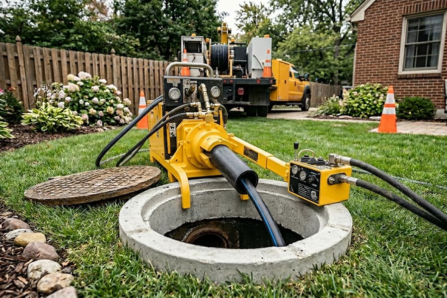 Close-up of a professional trenchless sewer line replacement machine inserting a new HDPE pipe into a clean residential manhole in a backyard.