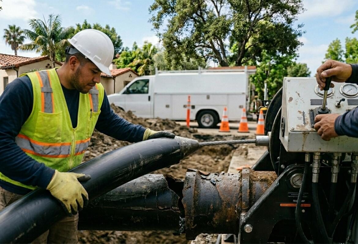 Trenchless sewer line replacement in Encino CA with technicians replacing underground pipe without digging