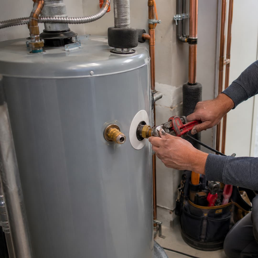 Plumber installing a residential water heater in Sherman Oaks CA with focus on pipe connections, tools, and installation work.