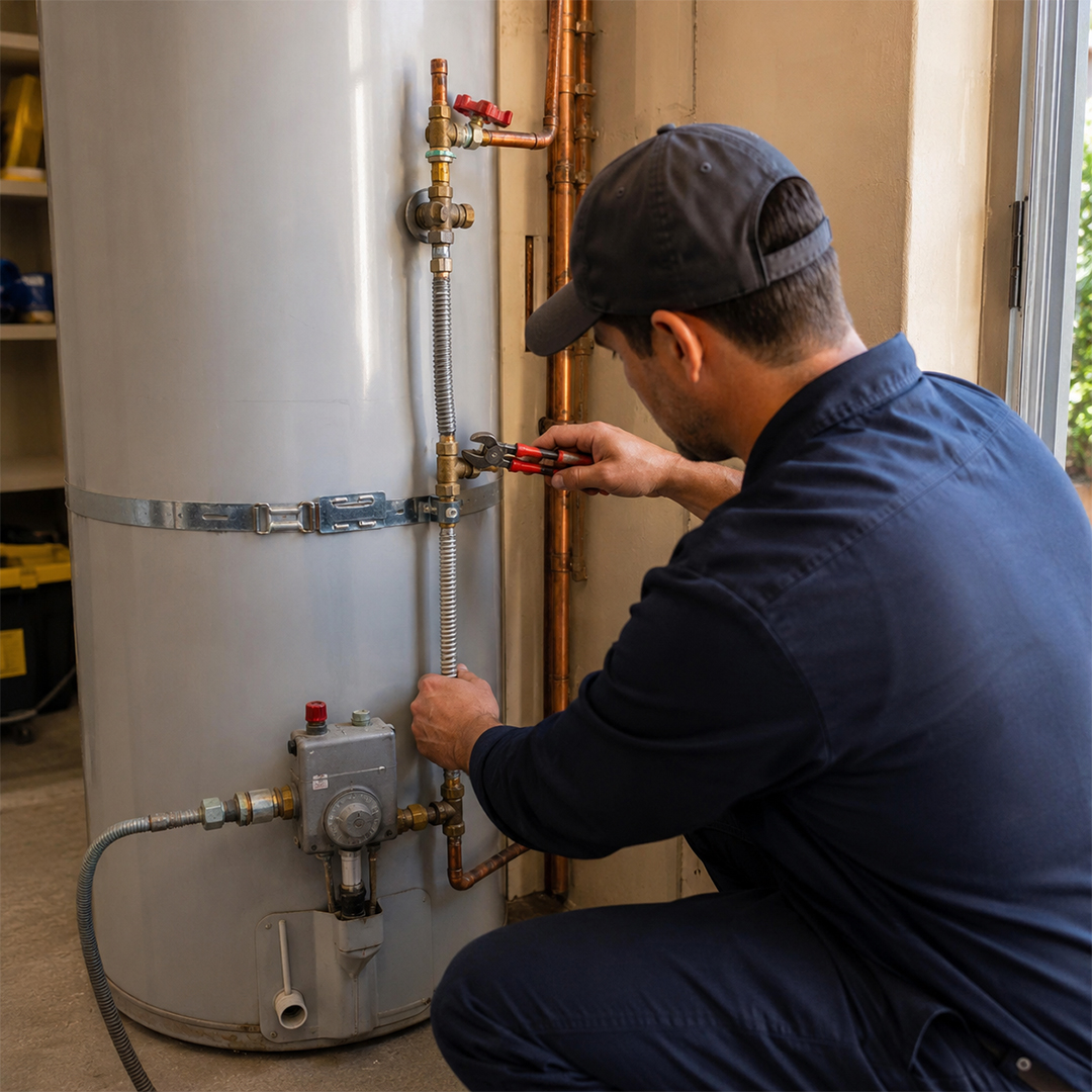 Plumber performing water heater maintenance in Sherman Oaks CA, adjusting valves and pipe connections on a residential water heater.