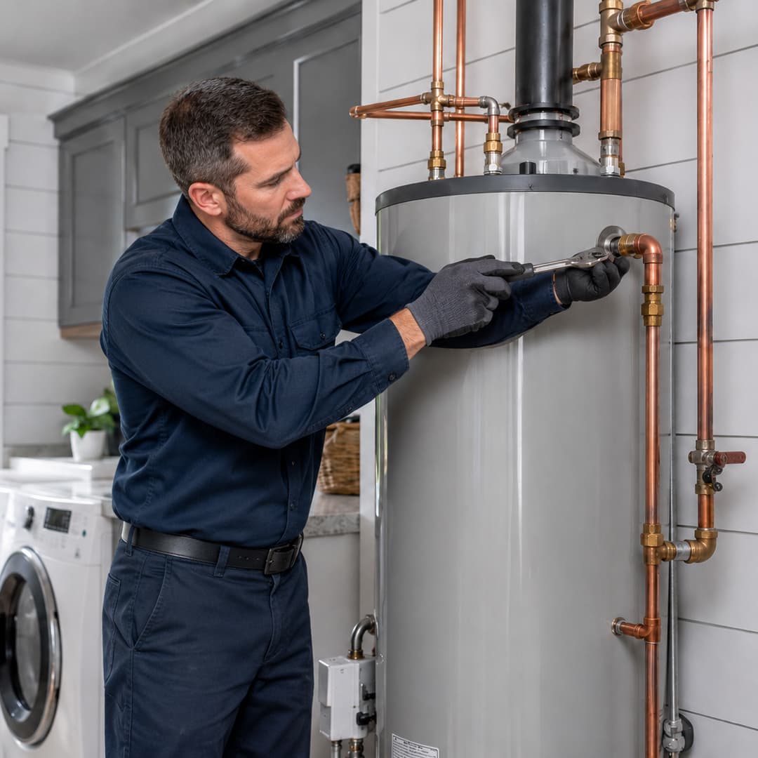 Professional plumber repairing a residential water heater in Encino CA with copper pipes, valves, and plumbing connections.