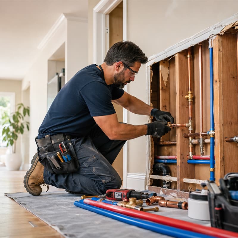 Professional plumber installing new water pipes during a whole home repiping project inside a house in Encino, CA