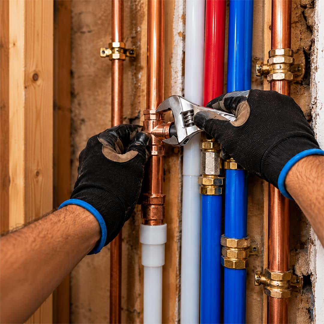 Close-up of a plumber’s hands using a wrench on copper and PEX pipes during a whole home repiping service.