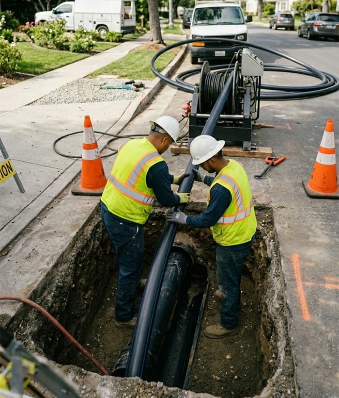 Vertical shot of plumbing contractors installing a trenchless sewer line replacement in Encino CA