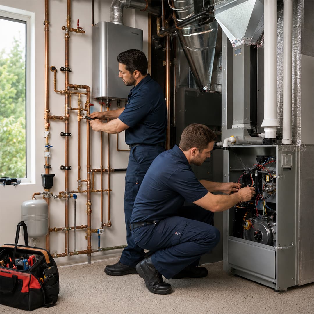 Plumbing and HVAC specialists in Encino CA working on copper piping and furnace components in a mechanical room.