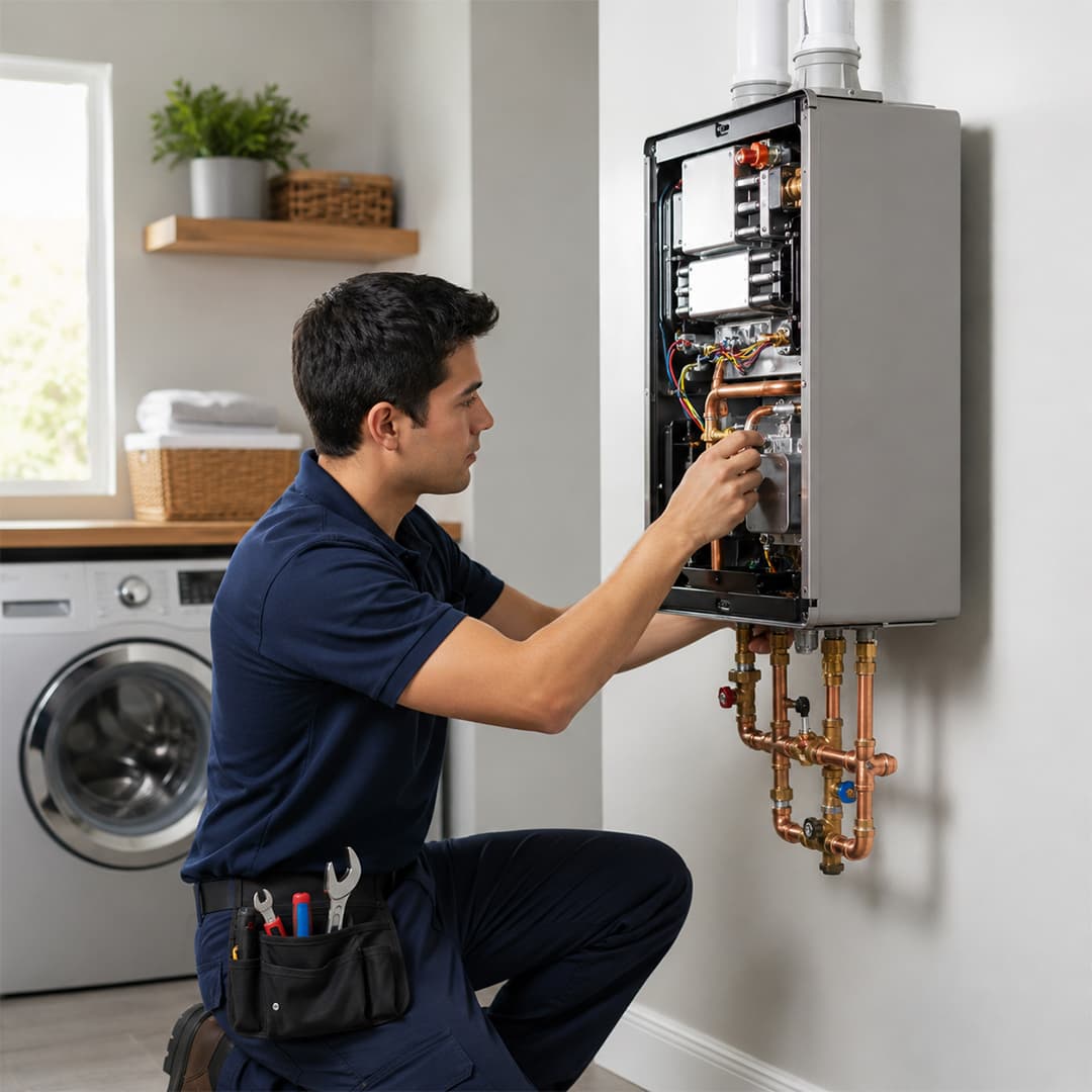 Technician servicing a tankless water heater in Encino CA, inspecting internal components and copper pipe connections.