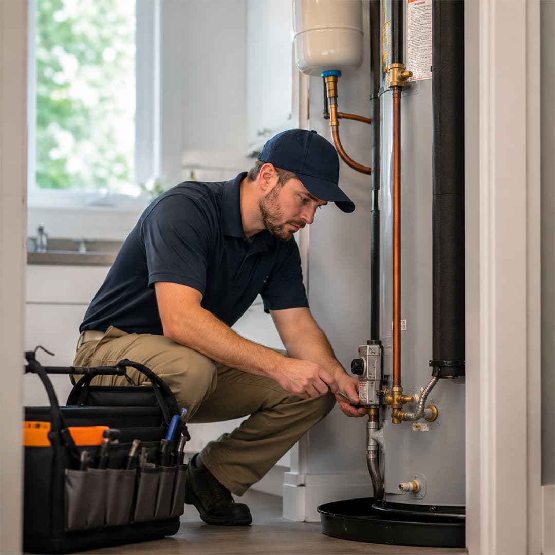 Plumber performing water heater maintenance in Encino CA, inspecting valves and pipe connections on a residential water heater.