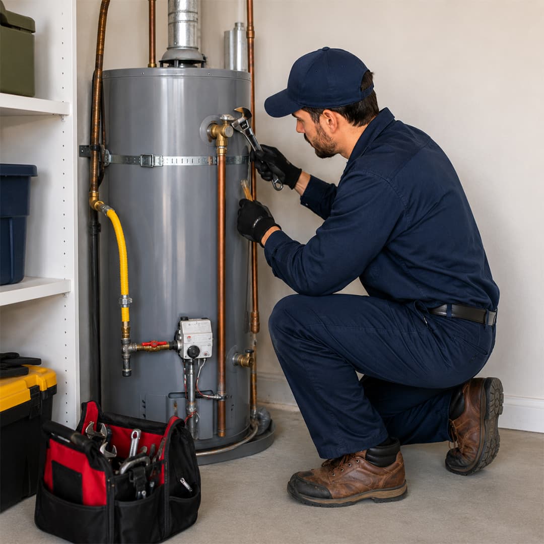 Plumber repairing a residential water heater in Encino CA, using a wrench on pipe connections in a utility room.