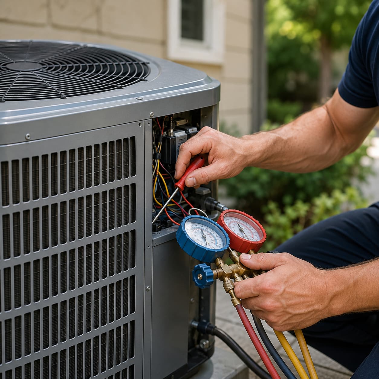 HVAC technician servicing an outdoor air conditioning unit with gauges and tools during AC repair and maintenance.