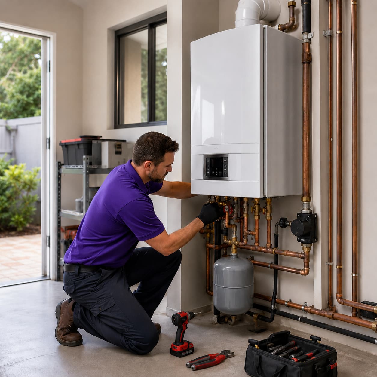 Technician in a purple uniform installing a wall-mounted boiler with copper piping in Sherman Oaks, CA.