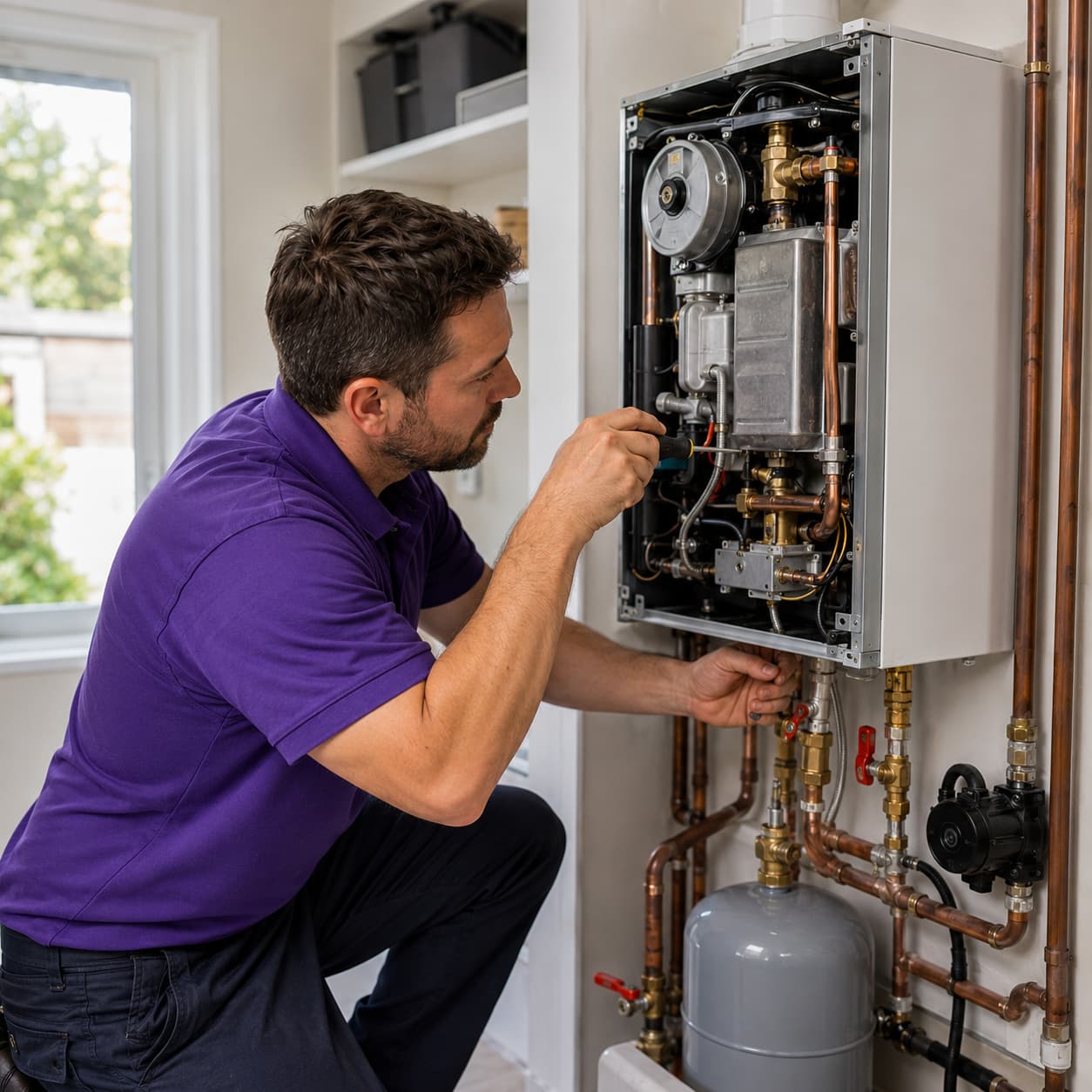 Technician in a purple uniform repairing a wall-mounted boiler system in Sherman Oaks, CA.