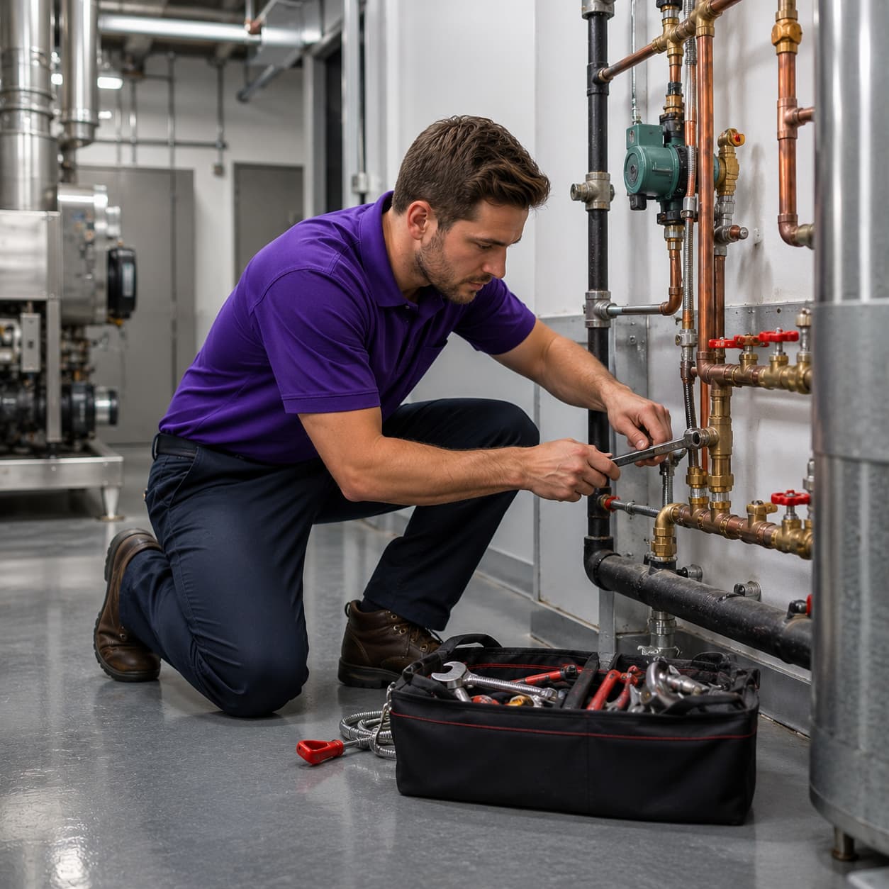 Commercial plumber in a purple uniform repairing copper pipes and valves in a mechanical room in Sherman Oaks, CA.