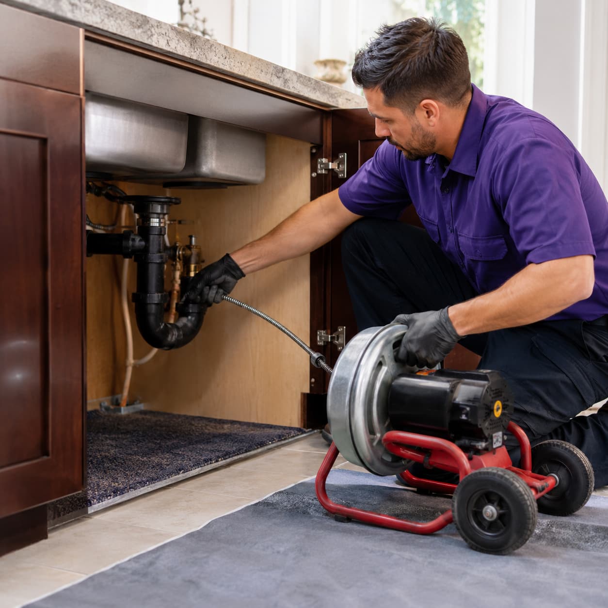 Plumber in a purple uniform cleaning a clogged sink drain with a professional drain auger in Sherman Oaks, CA.