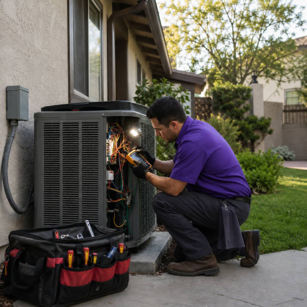 HVAC technician performing emergency AC repair on an outdoor condenser unit in Sherman Oaks, CA.