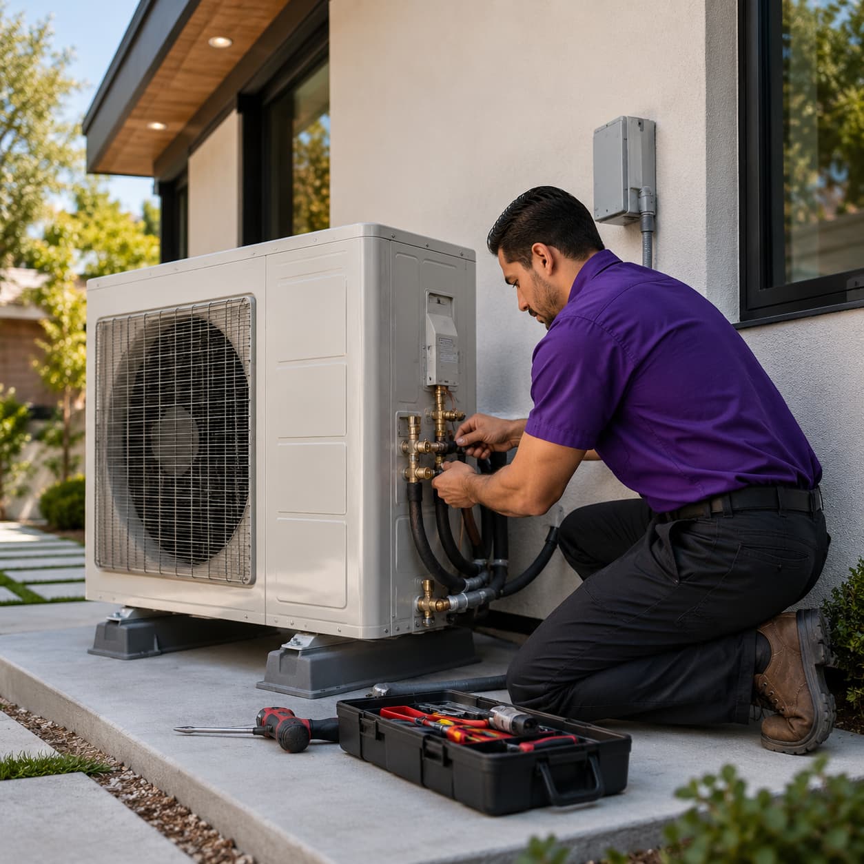 Technician in a purple uniform installing an outdoor heat pump unit in Sherman Oaks, CA.