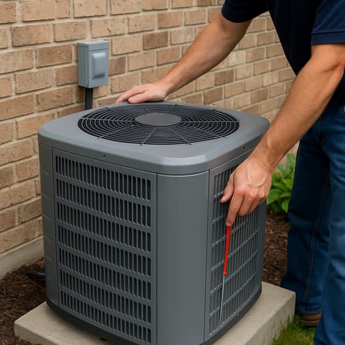 HVAC technician inspecting an outdoor air conditioning unit beside a brick wall during AC installation or replacement service.