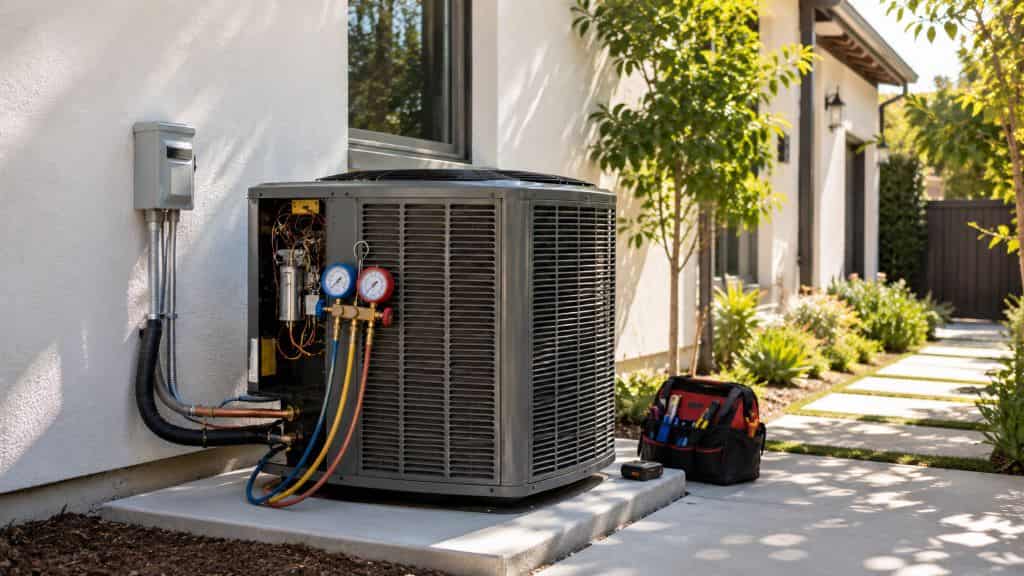 Outdoor AC condenser being serviced with gauges and tools beside a residential home