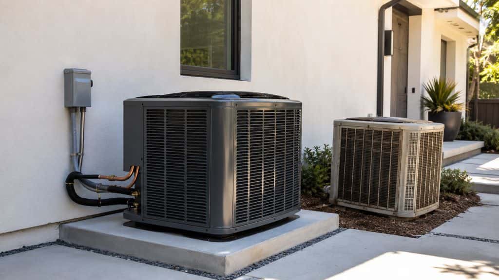 New outdoor AC condenser on concrete pad beside older unit at a residential home