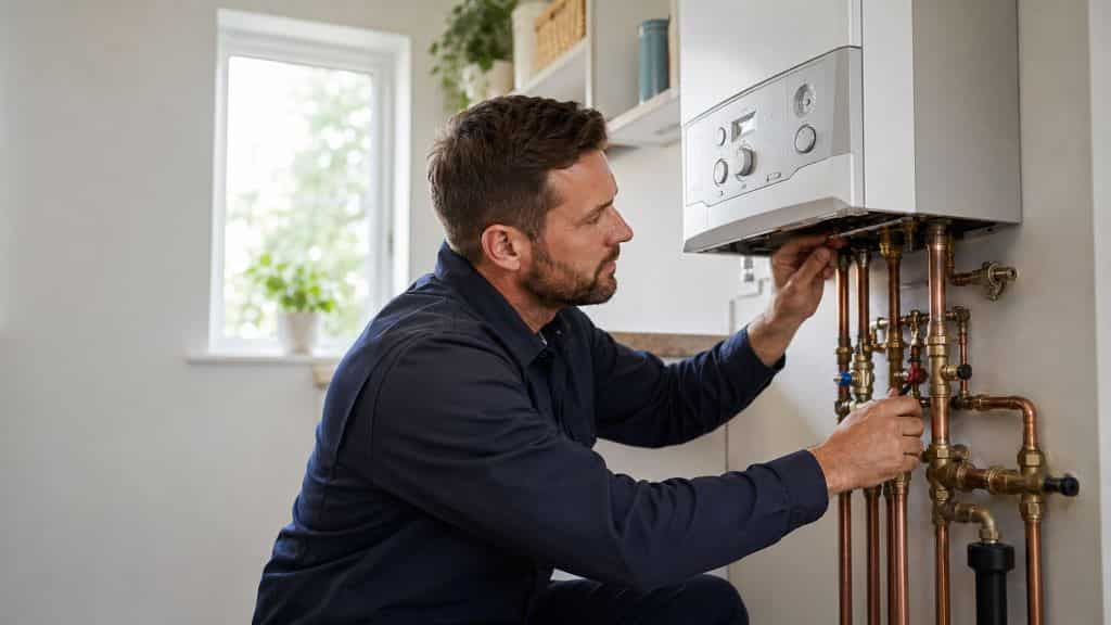 Technician inspecting copper pipe connections on a wall-mounted home boiler