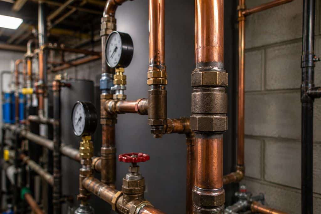 Repaired copper pipes, pressure gauges, and shutoff valves in a commercial mechanical room