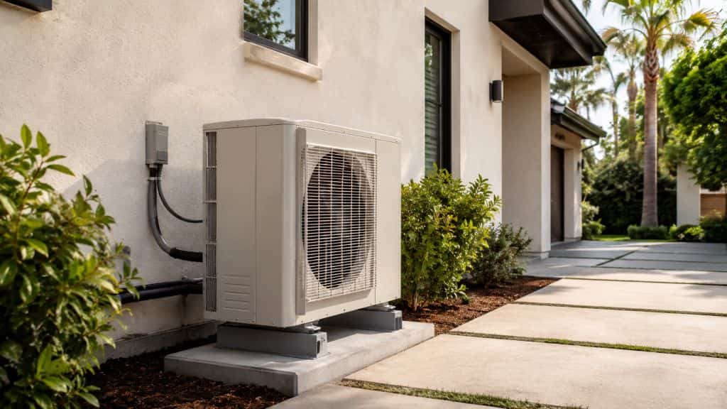 Outdoor heat pump unit installed beside a modern Sherman Oaks home with landscaped walkway and exterior wall connections.