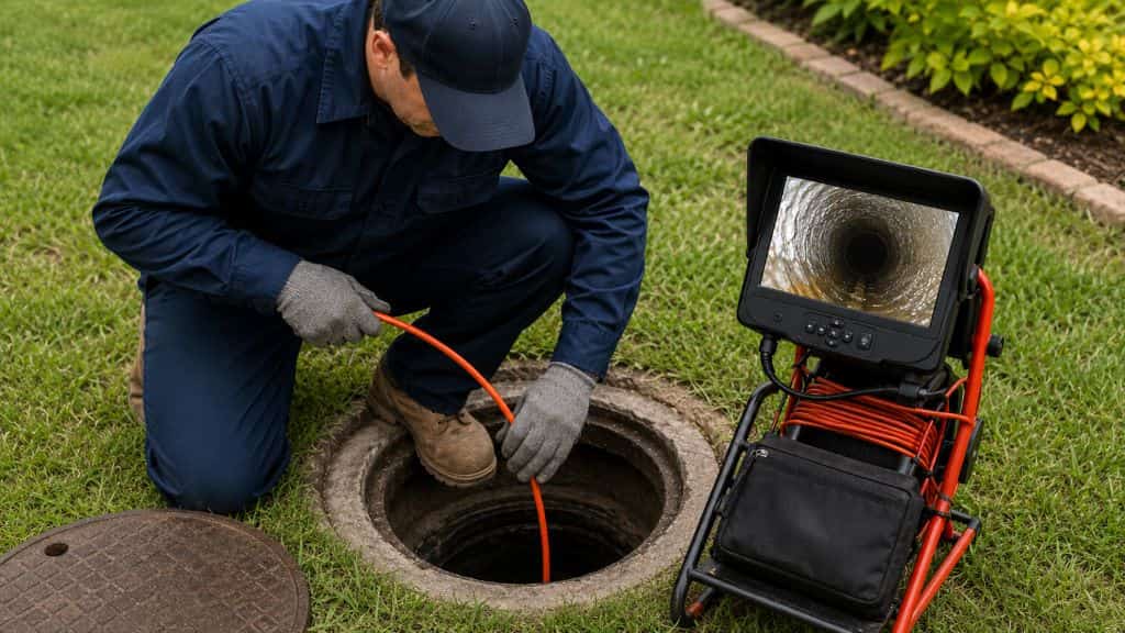 Technician feeding a sewer camera cable into an outdoor access opening while viewing drain line footage on inspection equipment.