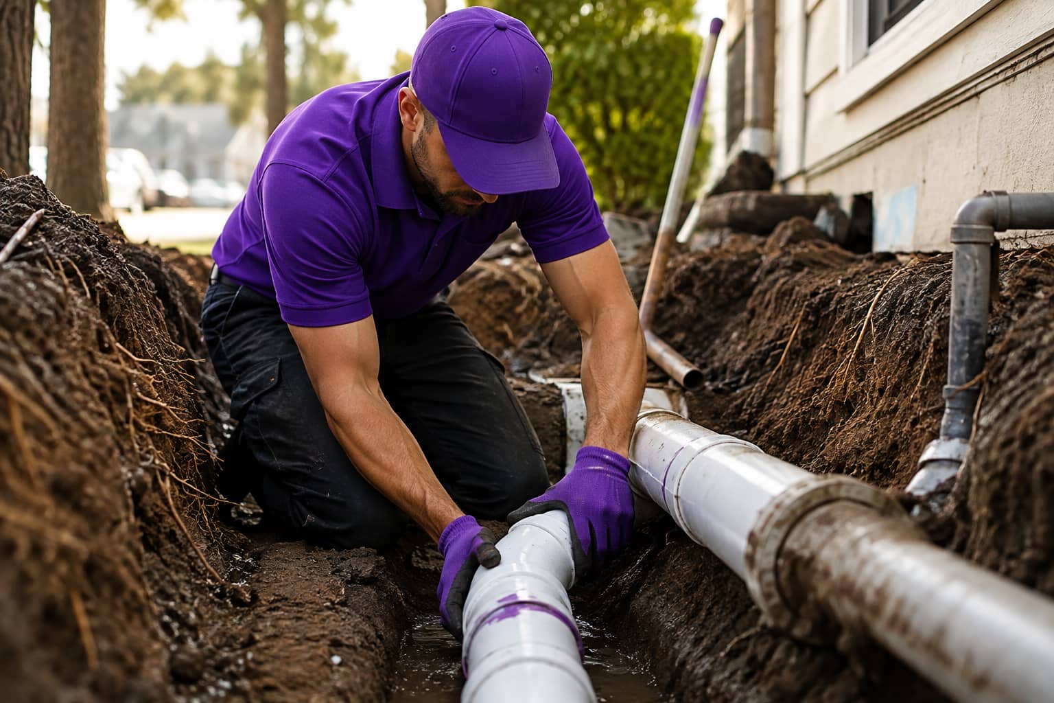 Technician replacing a residential sewer line with new PVC piping at a home in Sherman Oaks, CA.