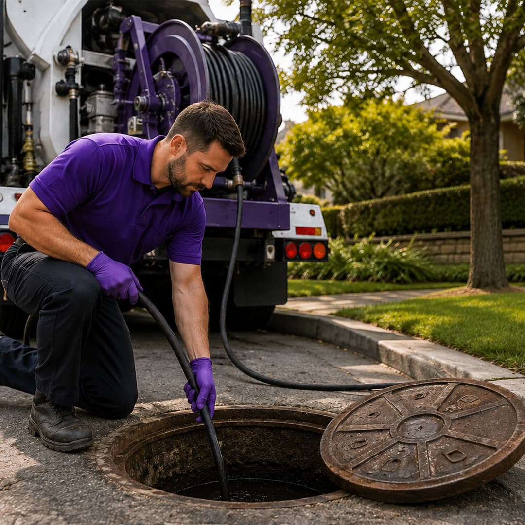 Professional sewer cleaning technician clearing a residential sewer line in Sherman Oaks, CA using specialized vacuum truck equipment.