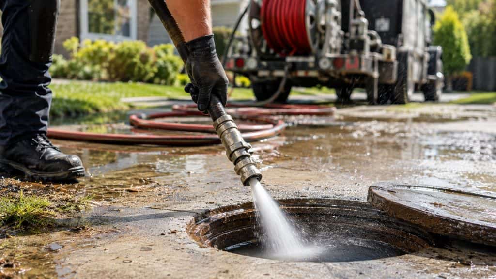 Technician directing a high-pressure hydro jet into an outdoor residential sewer access