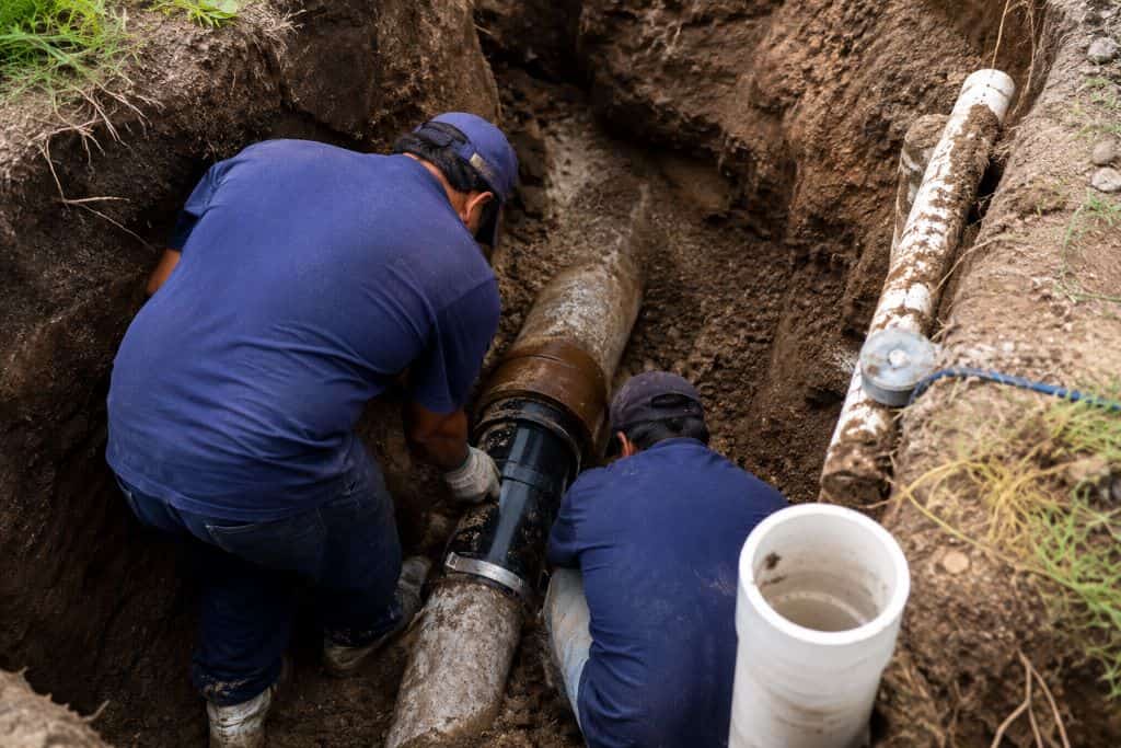 Two technicians repairing a damaged underground sewer pipe during a sewer line repair in Sherman Oaks, CA.