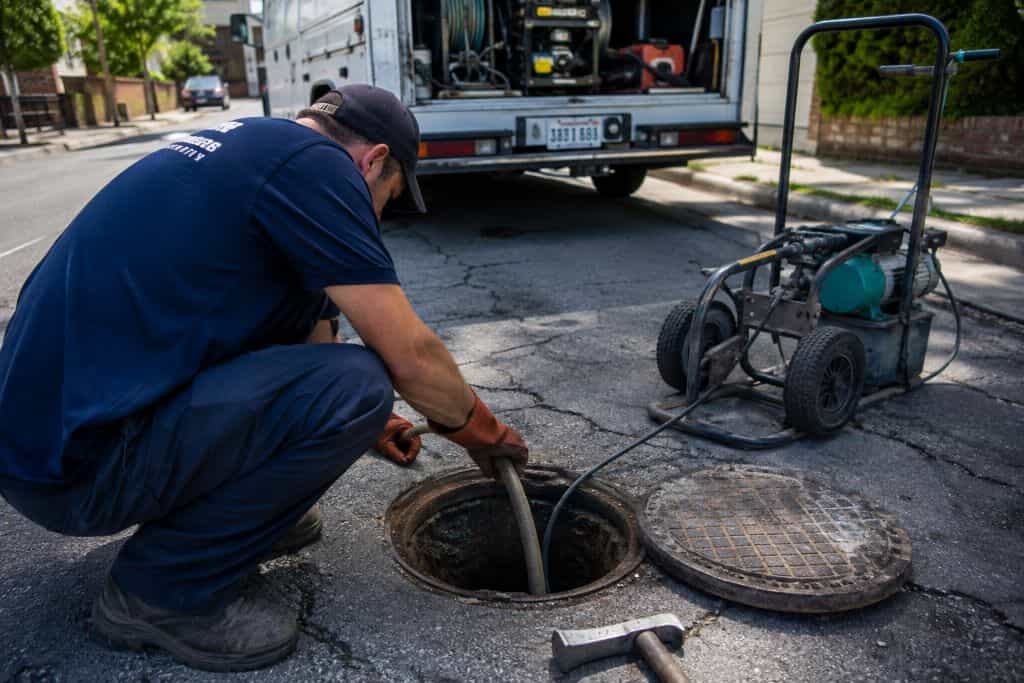 Technician performing sewer service through a residential manhole using professional drain cleaning equipment in Sherman Oaks, CA.
