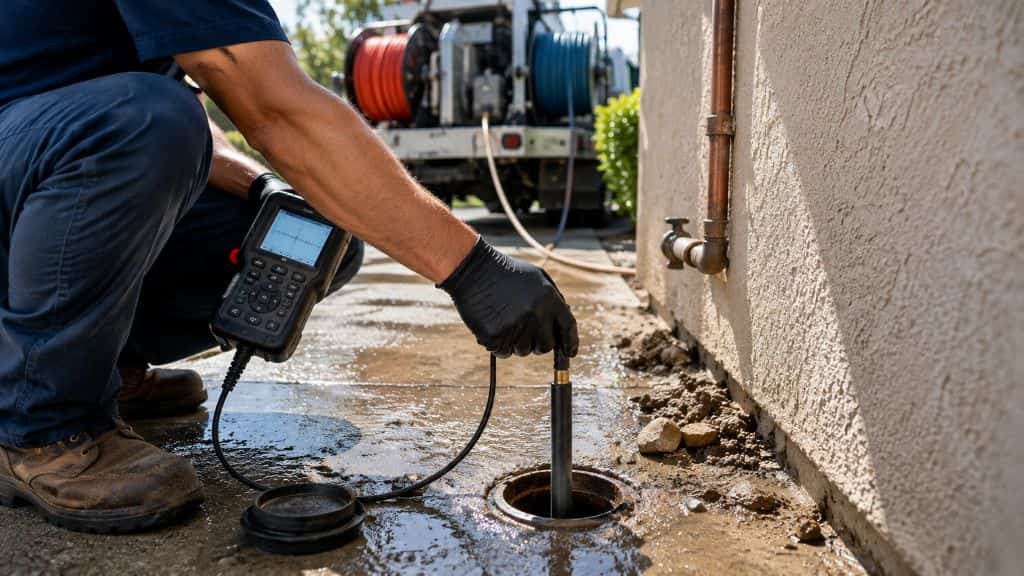 Technician using acoustic leak detection equipment for slab leak detection in Sherman Oaks, CA inside a home.