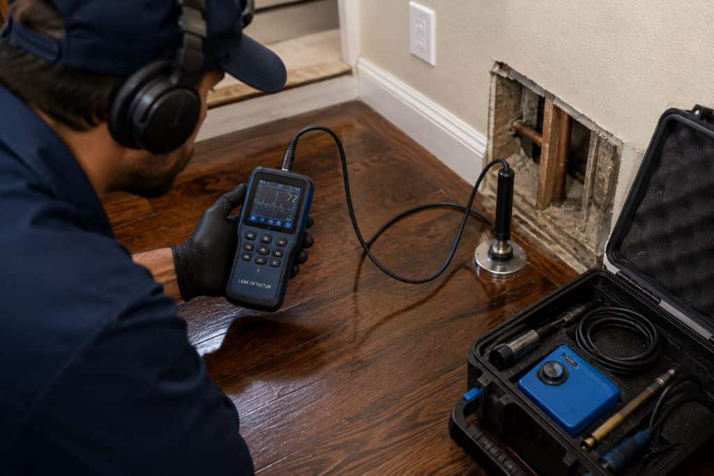 Technician testing an underground plumbing line with electronic leak detection equipment near a home's foundation.