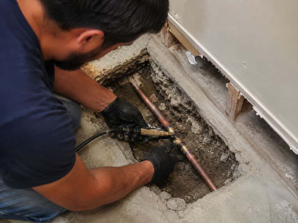 Technician repairing a damaged copper water line beneath a concrete slab during slab leak repair in Sherman Oaks, CA.