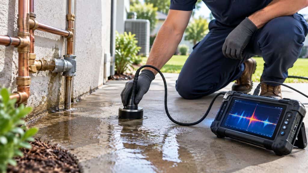 Technician using electronic equipment to locate a water leak near exterior copper pipes