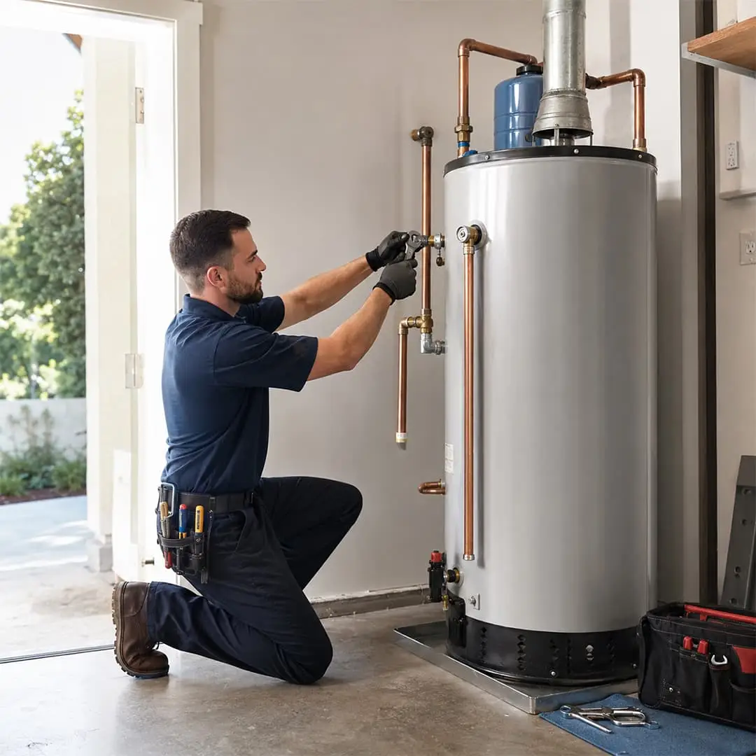 Professional plumber installing and replacing a residential water heater in Encino CA, working on pipe connections and fittings.