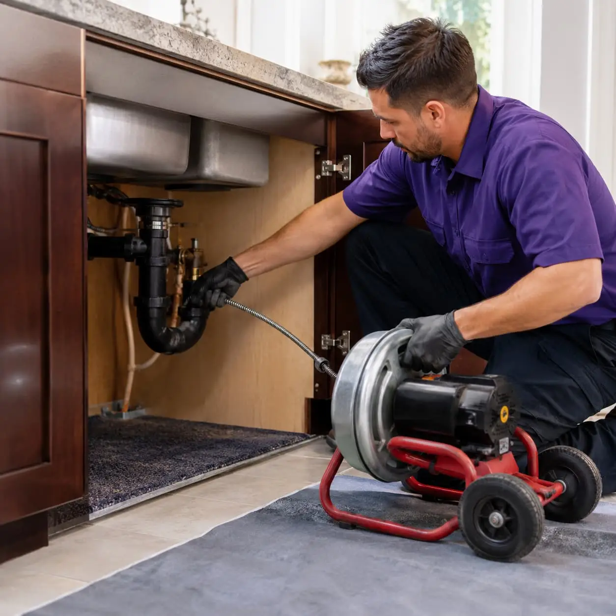 Plumber in a purple uniform cleaning a clogged sink drain with a professional drain auger in Sherman Oaks, CA.